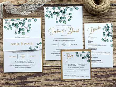 Eucalyptus wedding invitation range with belly band, RSVP card and details card